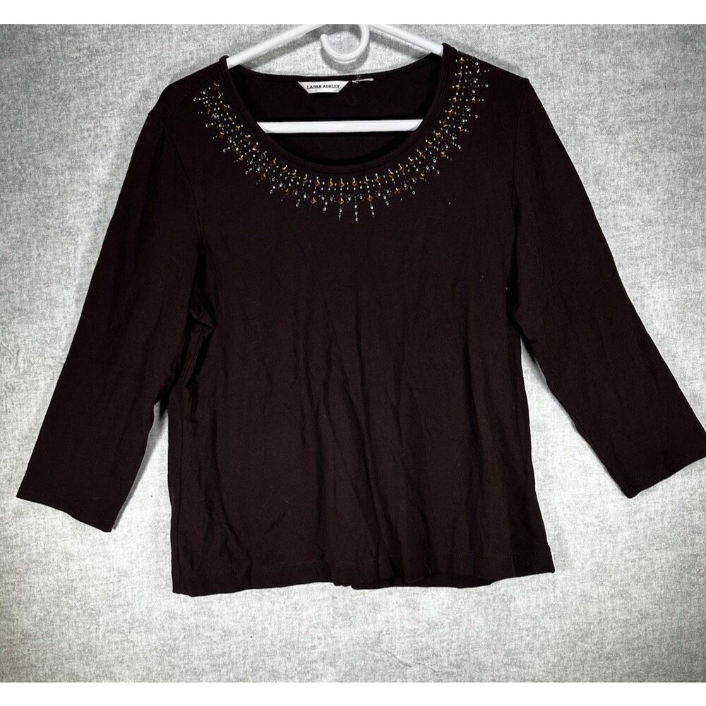 Laura Ashley Womens Brown 3/4 Sleeve Embellished V Neck Stretch Knit Med